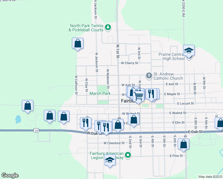 map of restaurants, bars, coffee shops, grocery stores, and more near 402 West Ash Street in Fairbury