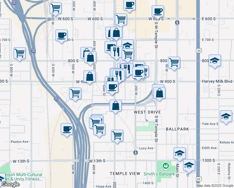 map of restaurants, bars, coffee shops, grocery stores, and more near 924 300 West in Salt Lake City