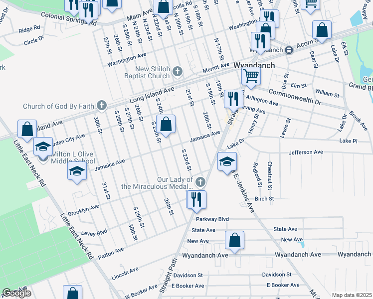 map of restaurants, bars, coffee shops, grocery stores, and more near 35 Jamaica Avenue in Wyandanch