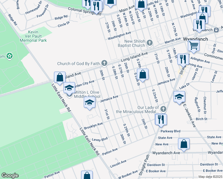 map of restaurants, bars, coffee shops, grocery stores, and more near 100 South 29th Street in Wyandanch