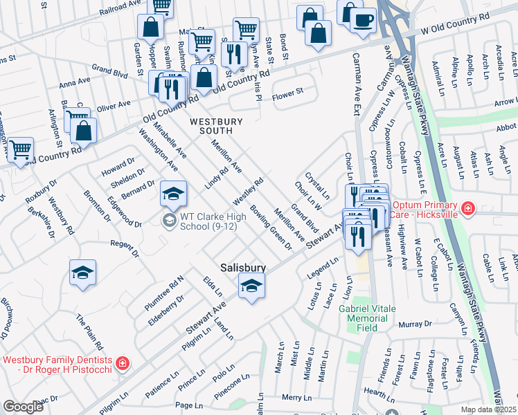 map of restaurants, bars, coffee shops, grocery stores, and more near 892 Merillon Avenue in Westbury