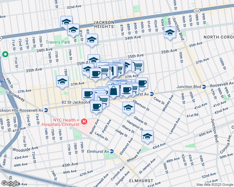 map of restaurants, bars, coffee shops, grocery stores, and more near 37-35 85th Street in Queens