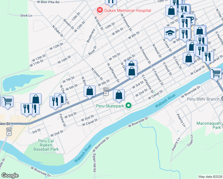 map of restaurants, bars, coffee shops, grocery stores, and more near 398 W Main St in Peru