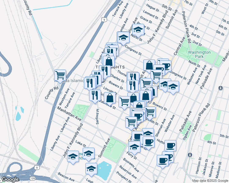 map of restaurants, bars, coffee shops, grocery stores, and more near 235 Bowers Street in Jersey City