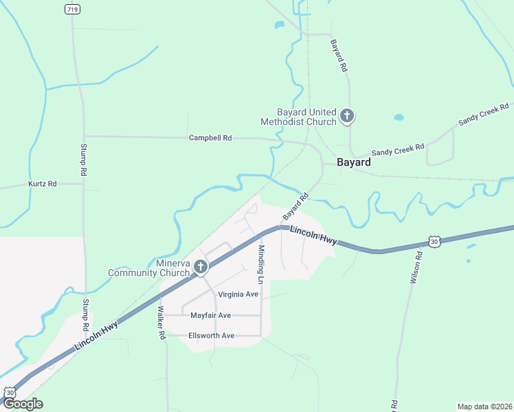 map of restaurants, bars, coffee shops, grocery stores, and more near 9489 Bayard Road in Minerva