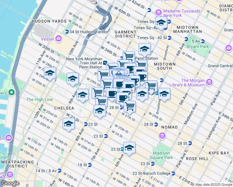 map of restaurants, bars, coffee shops, grocery stores, and more near 231 West 29th Street in New York