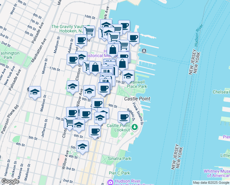map of restaurants, bars, coffee shops, grocery stores, and more near 1000 Hudson Street in Hoboken