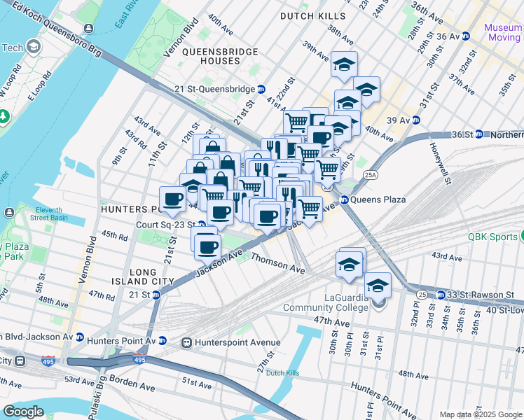 map of restaurants, bars, coffee shops, grocery stores, and more near 43-05 Crescent Street in Queens