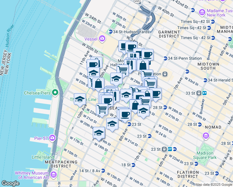 map of restaurants, bars, coffee shops, grocery stores, and more near 405 West 26th Street in New York