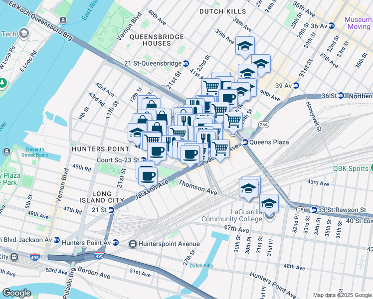 map of restaurants, bars, coffee shops, grocery stores, and more near 43-05 Crescent Street in Queens