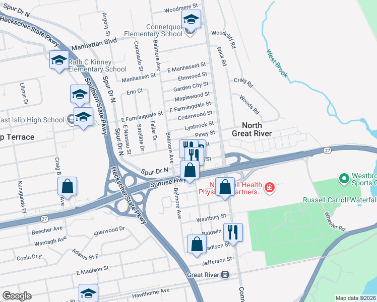 map of restaurants, bars, coffee shops, grocery stores, and more near 215 East Nassau Street in Islip Terrace