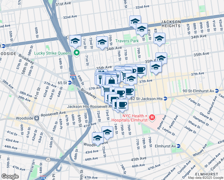 map of restaurants, bars, coffee shops, grocery stores, and more near in Queens