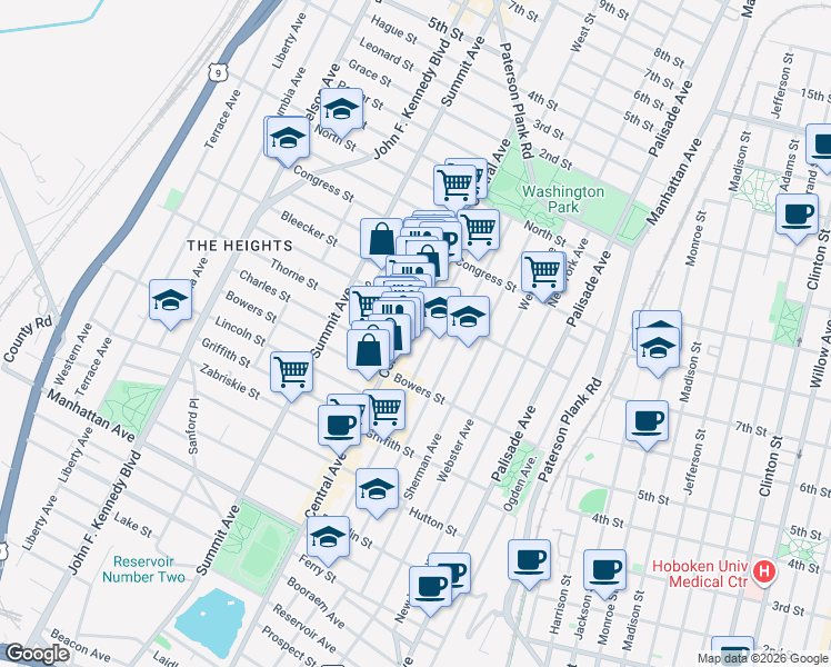 map of restaurants, bars, coffee shops, grocery stores, and more near 419 Central Avenue in Jersey City