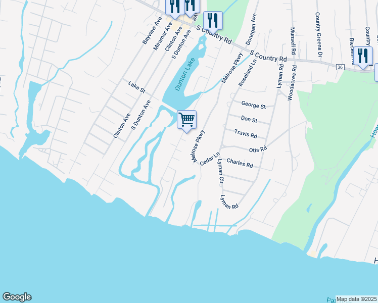map of restaurants, bars, coffee shops, grocery stores, and more near 210 Melrose Parkway in East Patchogue