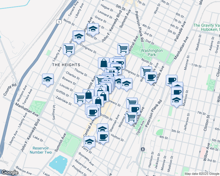 map of restaurants, bars, coffee shops, grocery stores, and more near Central Avenue & Thorne Street in Jersey City