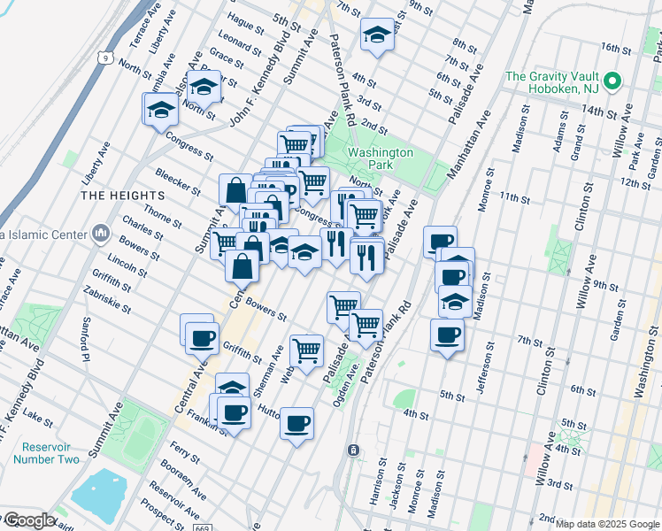 map of restaurants, bars, coffee shops, grocery stores, and more near 239 Sherman Avenue in Jersey City