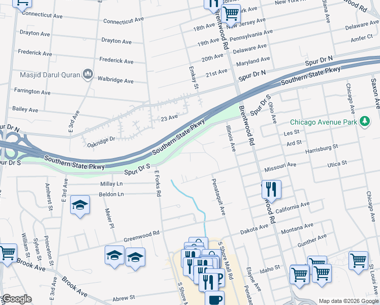 map of restaurants, bars, coffee shops, grocery stores, and more near 19 Pinebrook Place in Bay Shore