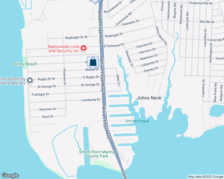 map of restaurants, bars, coffee shops, grocery stores, and more near 126 Saint George Drive East in Shirley