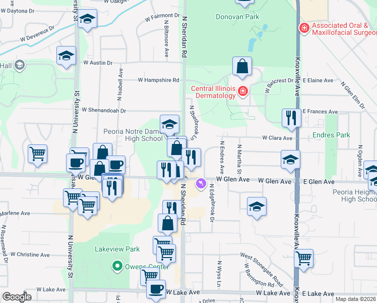 map of restaurants, bars, coffee shops, grocery stores, and more near 5010 North Sheridan Road in Peoria