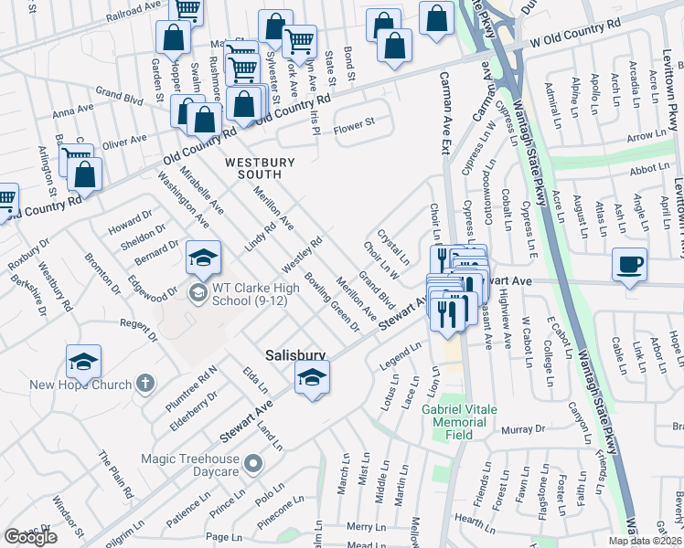 map of restaurants, bars, coffee shops, grocery stores, and more near 872 Merillon Avenue in Westbury