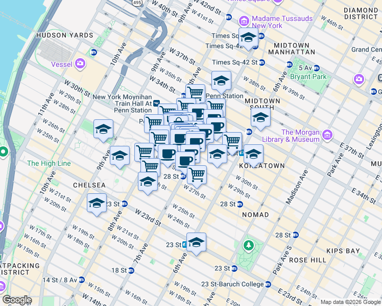 map of restaurants, bars, coffee shops, grocery stores, and more near 200 West 30th Street in New York