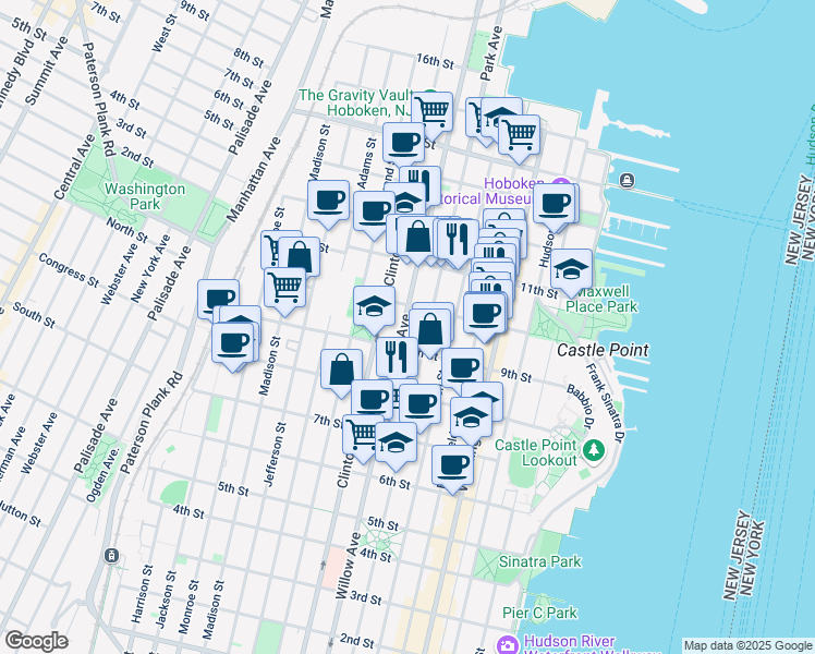 map of restaurants, bars, coffee shops, grocery stores, and more near 933 Willow Avenue in Hoboken