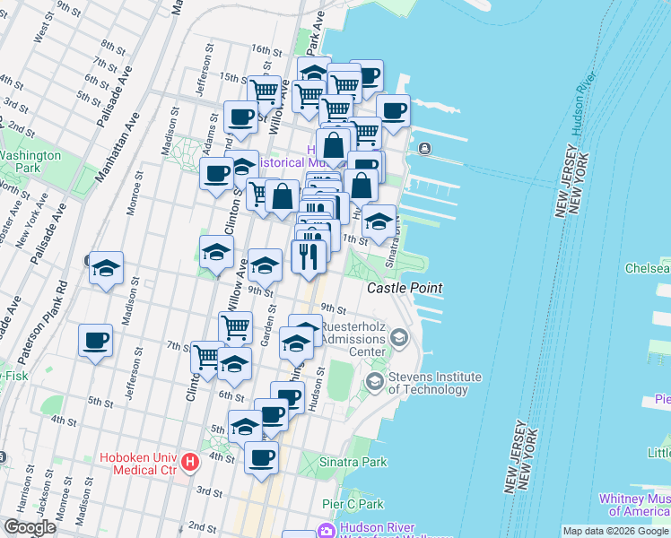 map of restaurants, bars, coffee shops, grocery stores, and more near 1014 Hudson Street in Hoboken