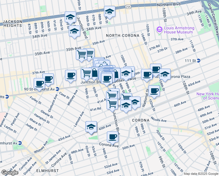 map of restaurants, bars, coffee shops, grocery stores, and more near 40-25 Junction Boulevard in Queens
