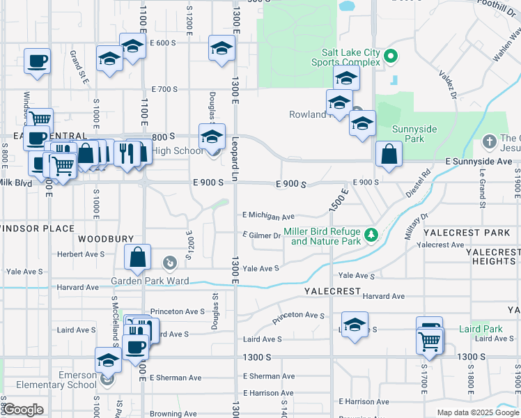 map of restaurants, bars, coffee shops, grocery stores, and more near 1341 East Michigan Avenue in Salt Lake City