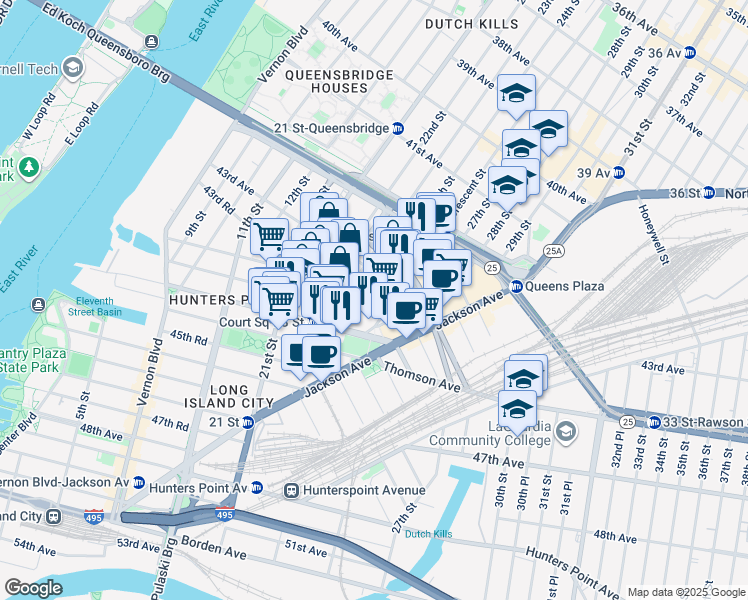 map of restaurants, bars, coffee shops, grocery stores, and more near 24-01 44th Road in Queens