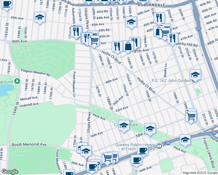 map of restaurants, bars, coffee shops, grocery stores, and more near 48-6 189th Street in Queens