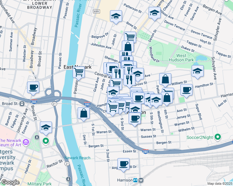 map of restaurants, bars, coffee shops, grocery stores, and more near 109 Cross Street in Harrison