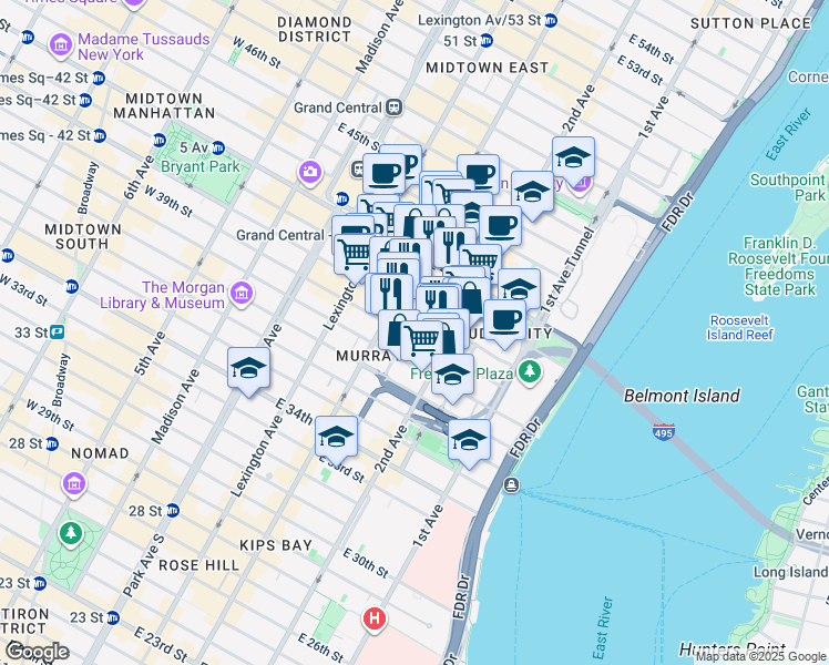 map of restaurants, bars, coffee shops, grocery stores, and more near 225 East 39th Street in New York