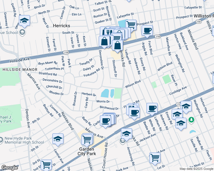 map of restaurants, bars, coffee shops, grocery stores, and more near 98 Devonshire Drive in New Hyde Park