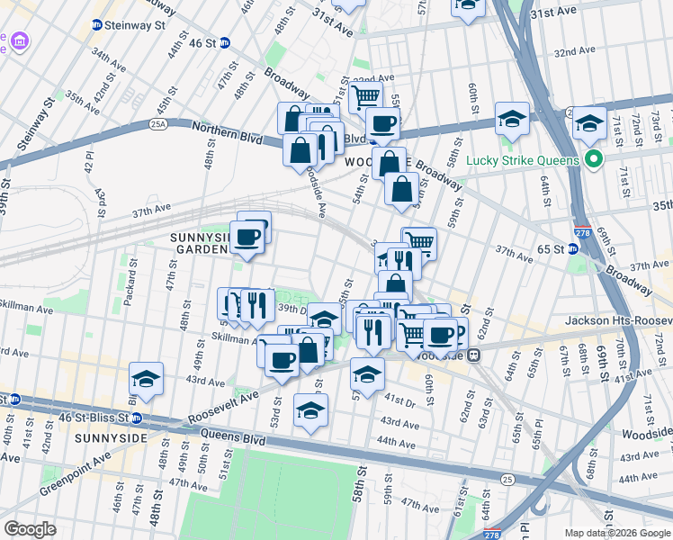 map of restaurants, bars, coffee shops, grocery stores, and more near 53-1 39th Avenue in Queens