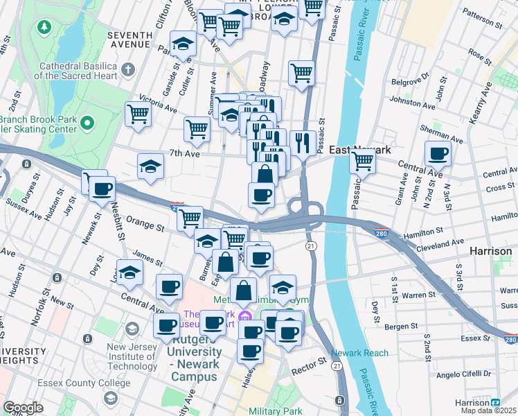 map of restaurants, bars, coffee shops, grocery stores, and more near 381 Broad Street in Newark