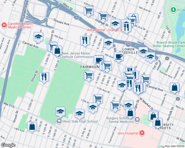 map of restaurants, bars, coffee shops, grocery stores, and more near 167 South 11th Street in Newark
