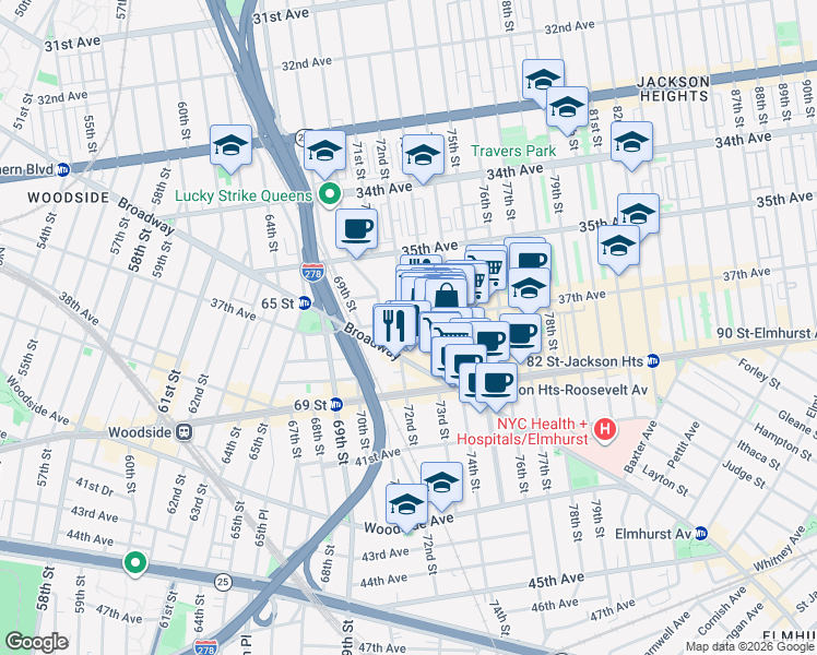 map of restaurants, bars, coffee shops, grocery stores, and more near 72-10 37th Avenue in Queens