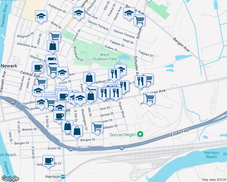 map of restaurants, bars, coffee shops, grocery stores, and more near 801 Hamilton Street in Harrison