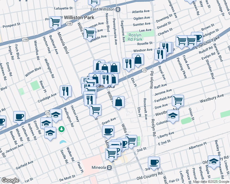 map of restaurants, bars, coffee shops, grocery stores, and more near 112 Washington Avenue in Mineola