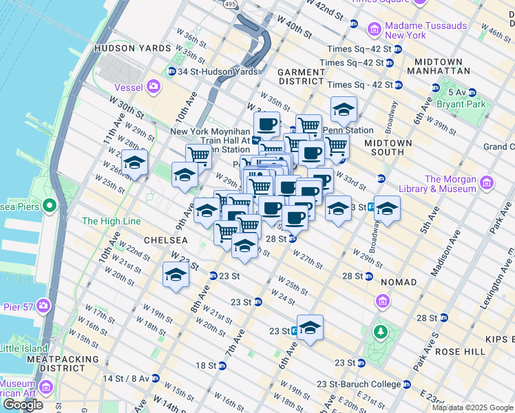 map of restaurants, bars, coffee shops, grocery stores, and more near 368 8th Avenue in New York