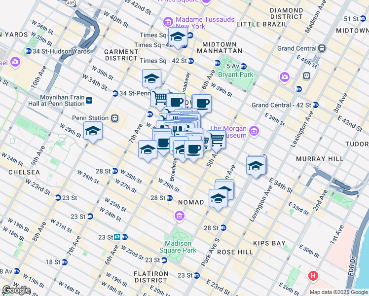 map of restaurants, bars, coffee shops, grocery stores, and more near 50 West 33rd Street in New York