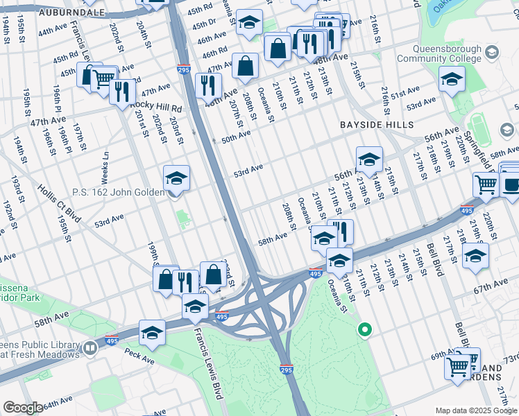 map of restaurants, bars, coffee shops, grocery stores, and more near 52 207th Street in Queens