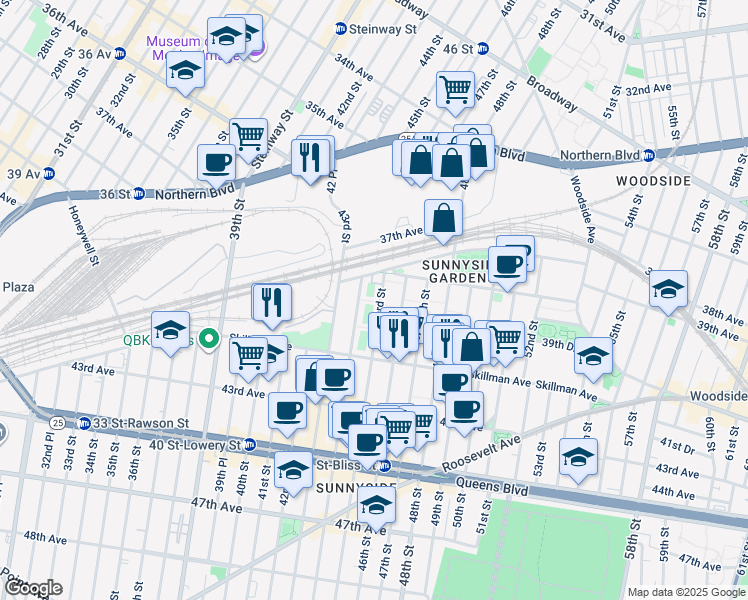 map of restaurants, bars, coffee shops, grocery stores, and more near 39-16 Packard Street in Queens