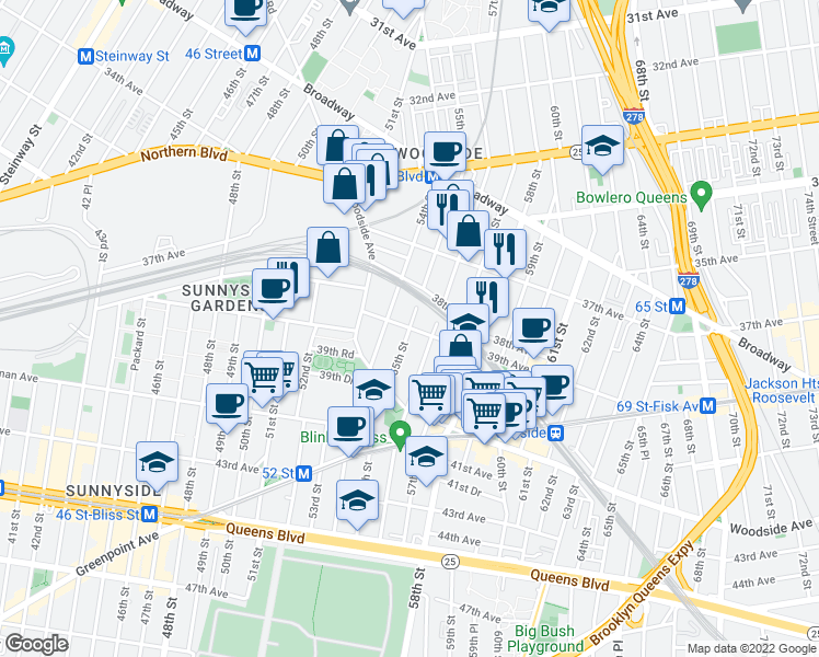 map of restaurants, bars, coffee shops, grocery stores, and more near 55th St & 39th Ave in Queens