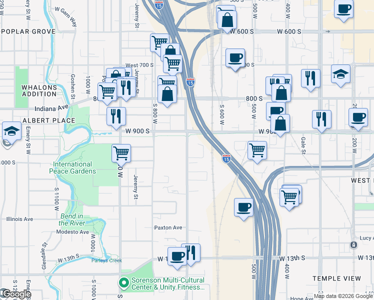 map of restaurants, bars, coffee shops, grocery stores, and more near 939 South 7th West in Salt Lake City
