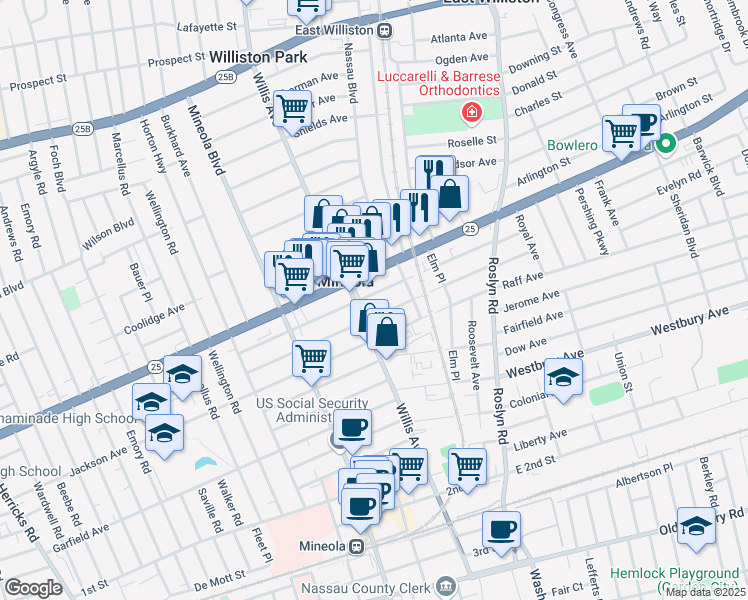 map of restaurants, bars, coffee shops, grocery stores, and more near 112 Washington Avenue in Mineola