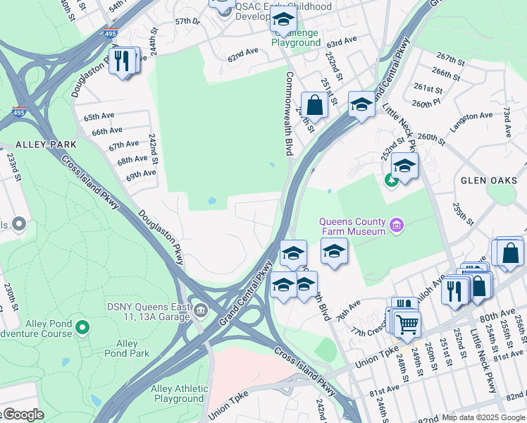 map of restaurants, bars, coffee shops, grocery stores, and more near 243-70 72nd Avenue in Queens