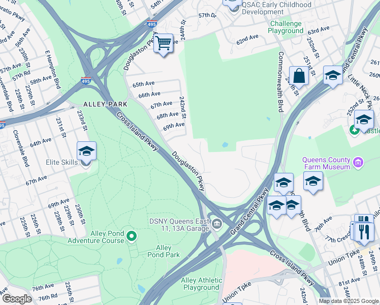 map of restaurants, bars, coffee shops, grocery stores, and more near 71-12 244th Street in Queens