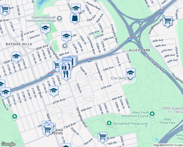 map of restaurants, bars, coffee shops, grocery stores, and more near 224-33 64th Avenue in Queens
